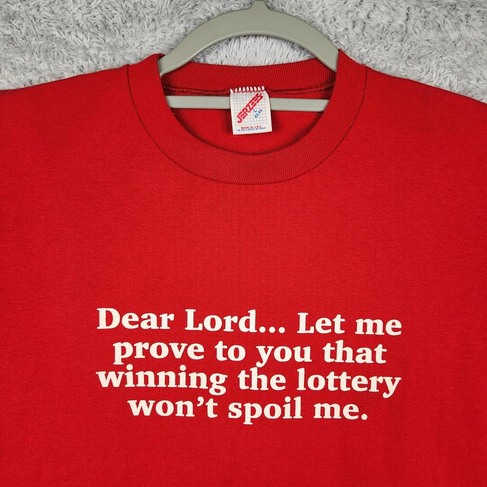 Vintage Funny Lottery Shirt Mens Large Red Lord Graphic USA 80s Single Stitch